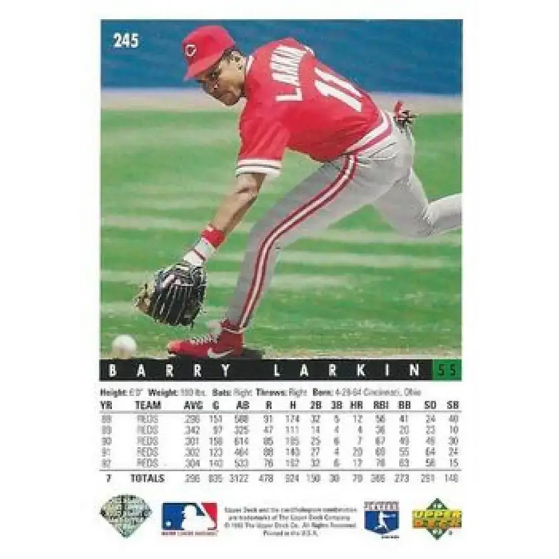 1993 Upper Deck #245 Barry Larkin VG Cincinnati Reds Baseball Card - Baseball Card Single