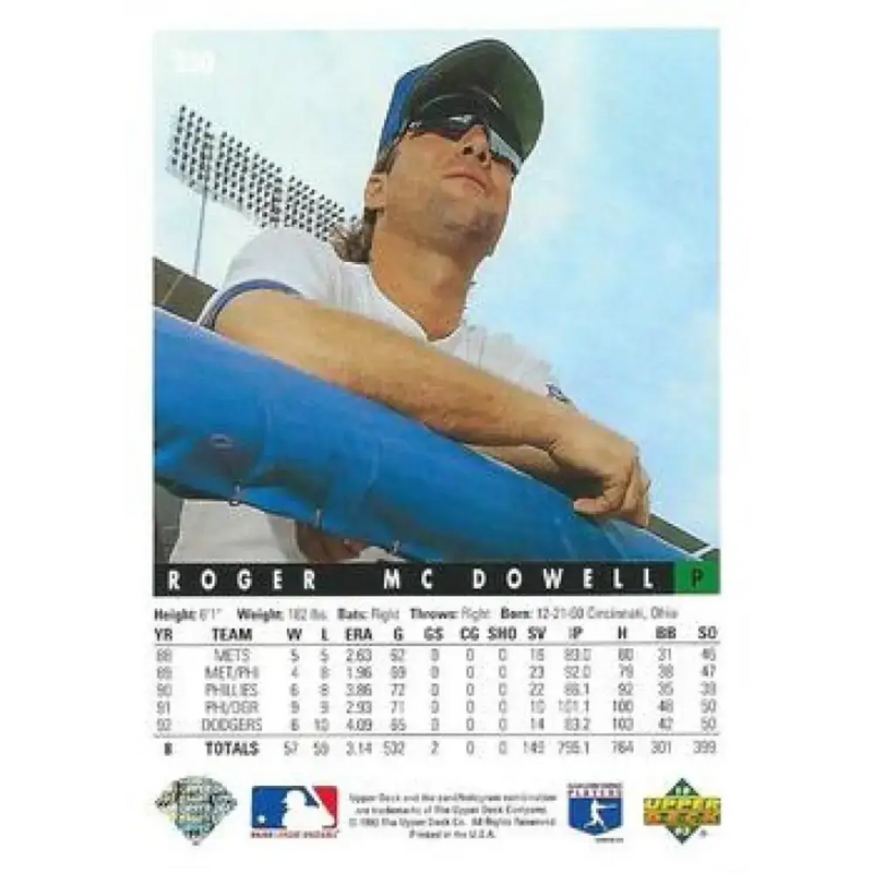 1993 Upper Deck #250 Roger McDowell VG Los Angeles Dodgers Baseball Card - Baseball Card Single