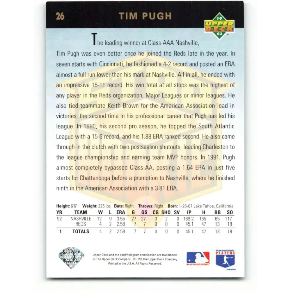 1993 Upper Deck #26 Tim Pugh VG RC Rookie Cincinnati Reds Baseball Card - Baseball Card Single