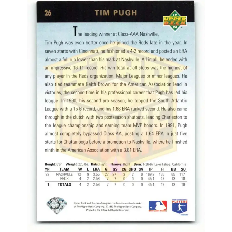 1993 Upper Deck #26 Tim Pugh VG RC Rookie Cincinnati Reds Baseball Card - Baseball Card Single