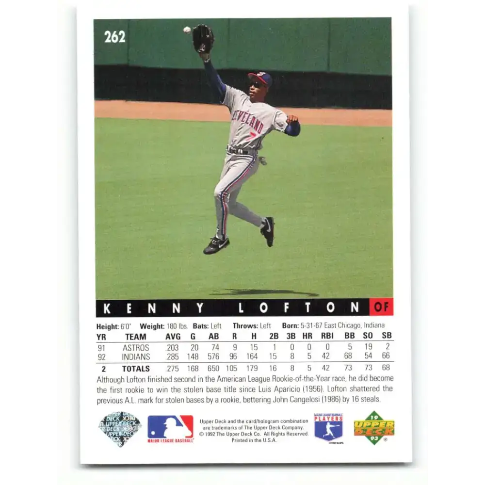 1993 Upper Deck #262 Kenny Lofton VG Cleveland Indians Baseball Card - Baseball Card Single
