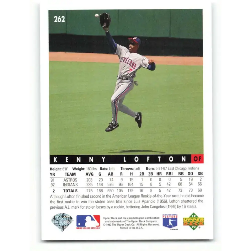 1993 Upper Deck #262 Kenny Lofton VG Cleveland Indians Baseball Card - Baseball Card Single