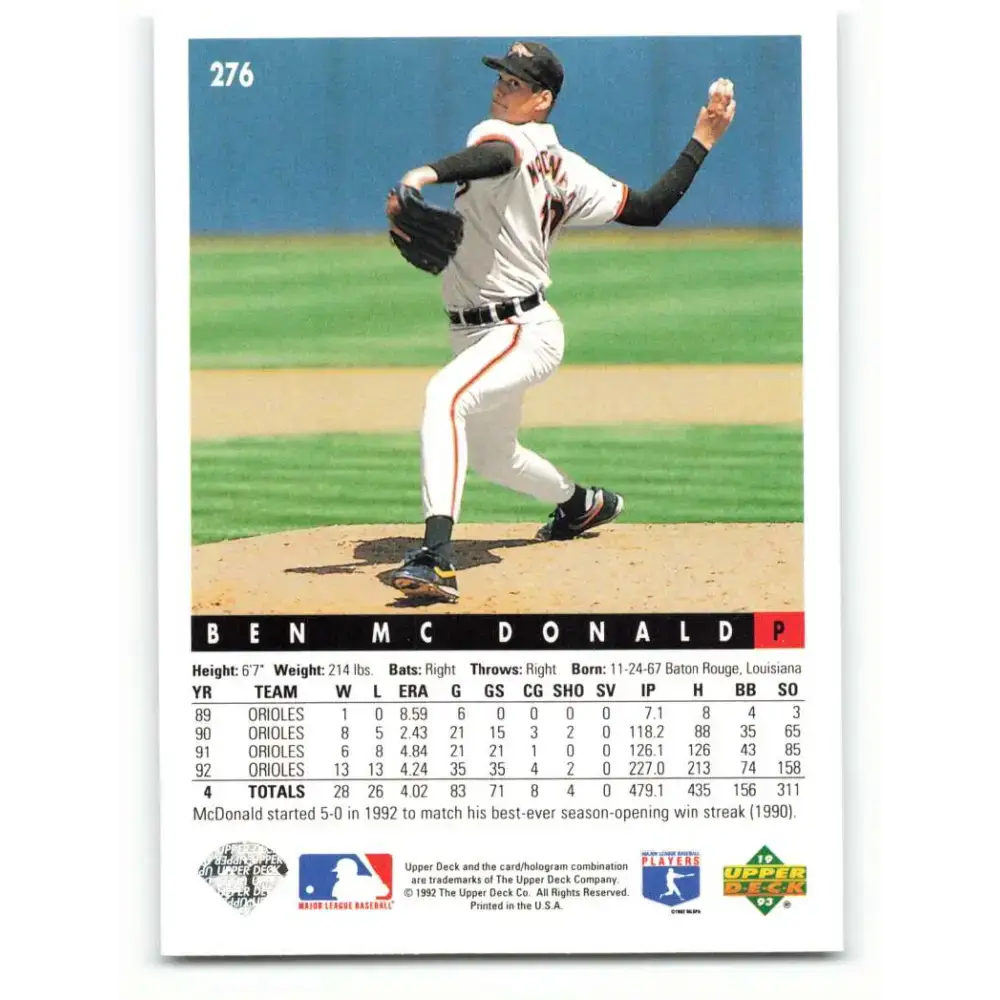 1993 Upper Deck #276 Ben McDonald VG Baltimore Orioles Baseball Card - Baseball Card Single