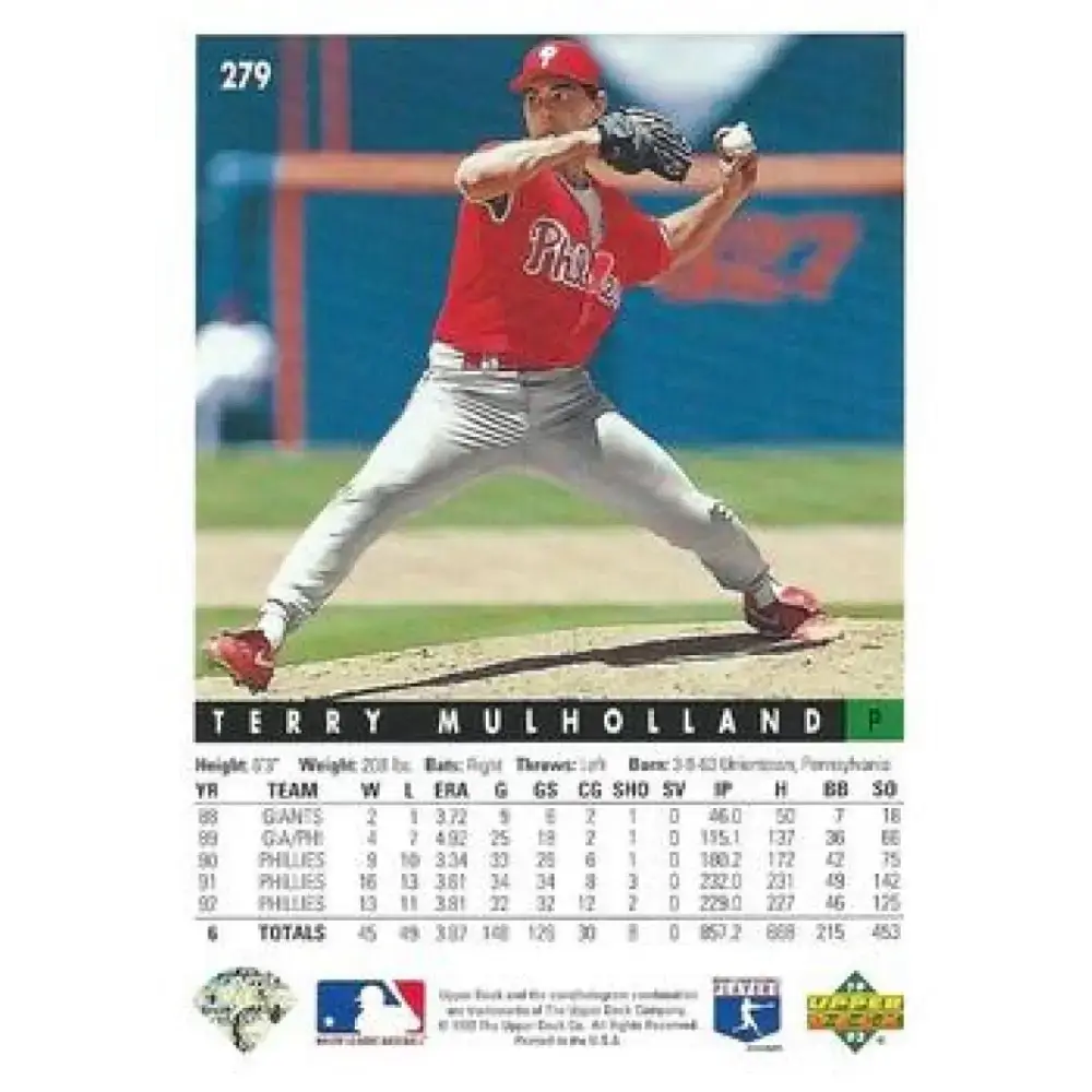 1993 Upper Deck #279 Terry Mulholland VG Philadelphia Phillies Baseball Card - Baseball Card Single