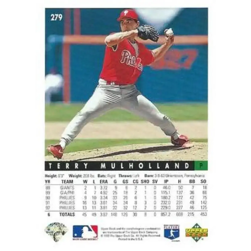 1993 Upper Deck #279 Terry Mulholland VG Philadelphia Phillies Baseball Card - Baseball Card Single