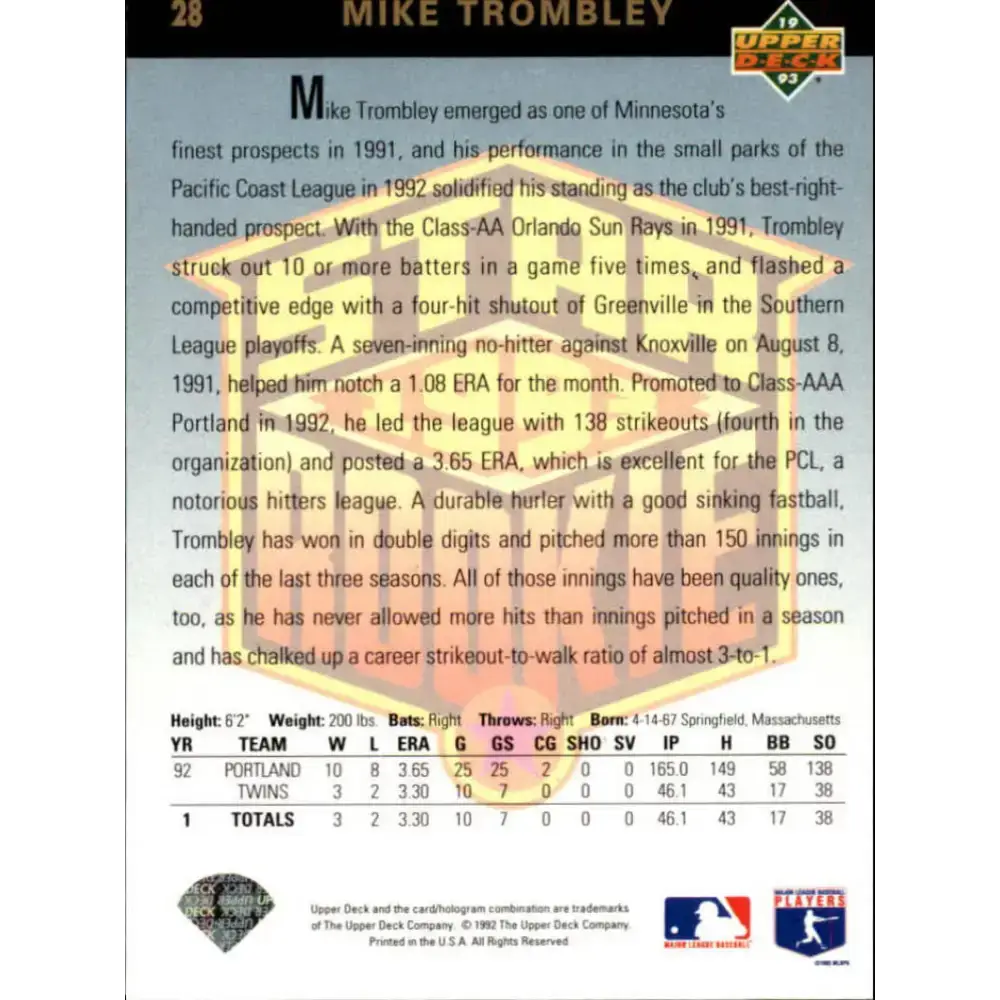 1993 Upper Deck #28 Mike Trombley VG Minnesota Twins Baseball Card - Baseball Card Single