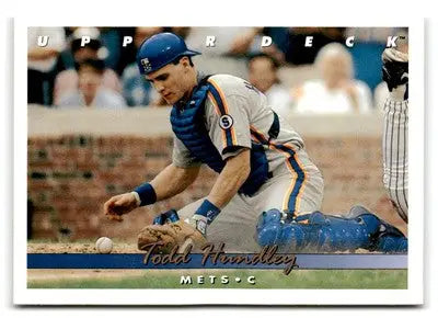 Todd Hundley baseball card featuring a catcher in action from 1993 Upper Deck