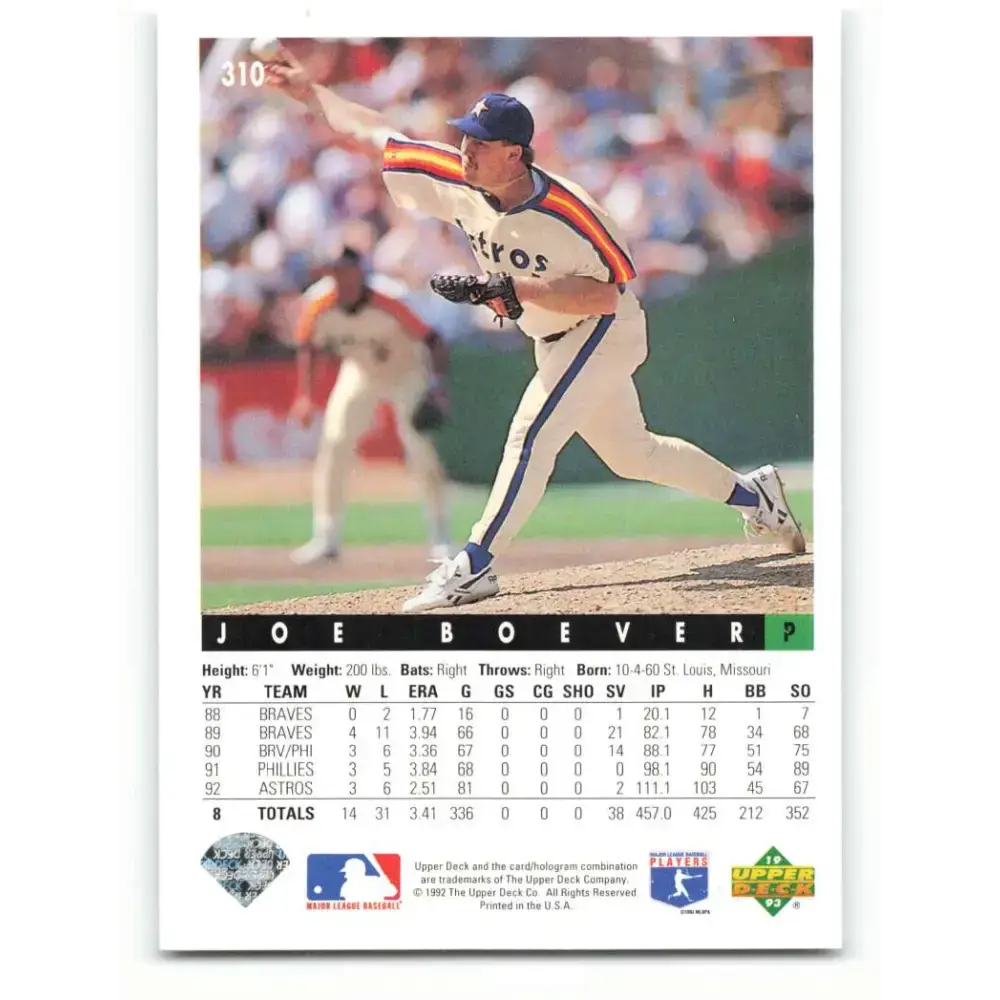 1993 Upper Deck #310 Joe Boever VG Houston Astros Baseball Card - Baseball Card Single