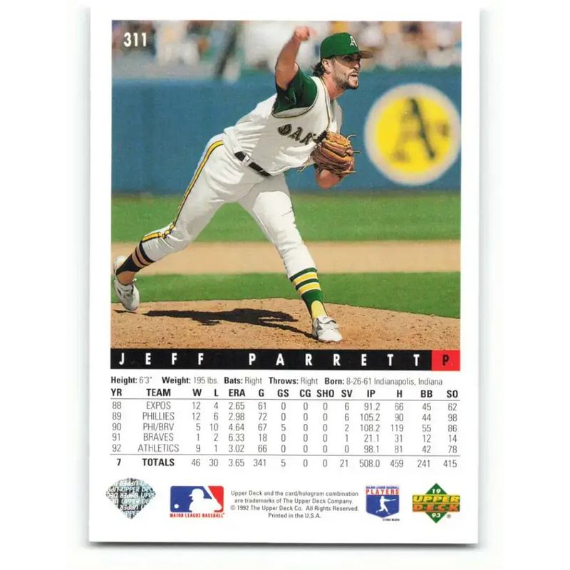 1993 Upper Deck #311 Jeff Parrett VG Oakland Athletics Baseball Card - Baseball Card Single