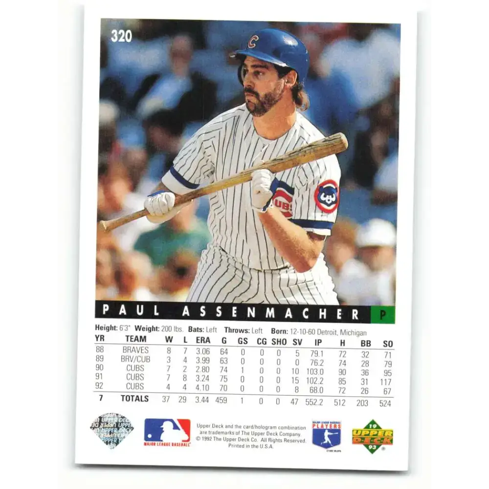 1993 Upper Deck #320 Paul Assenmacher VG Chicago Cubs Baseball Card - Baseball Card Single