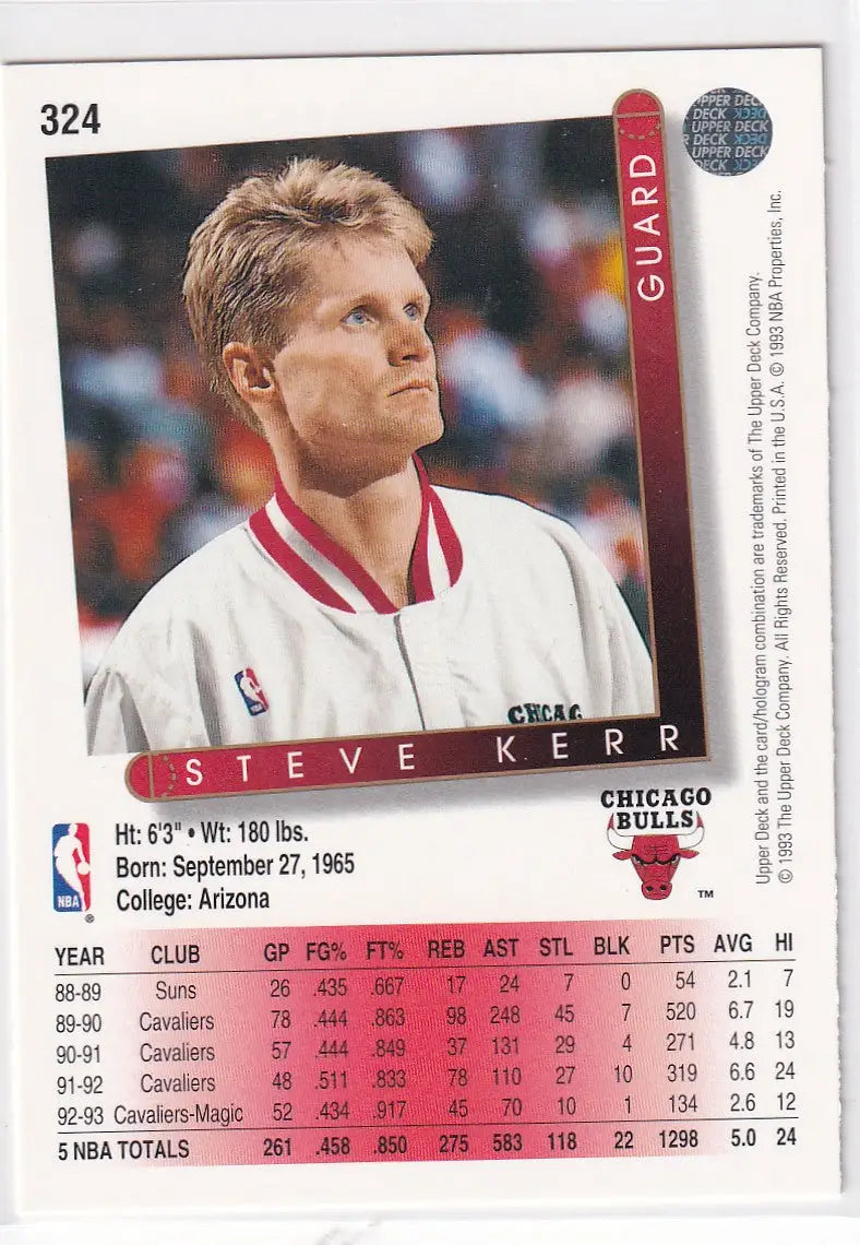 1993 UPPER DECK #324 STEVE KERR- CHICAGO BULLS - Basketball Card Single