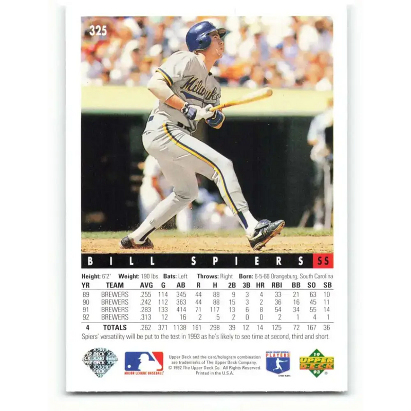 1993 Upper Deck #325 Bill Spiers VG Milwaukee Brewers Baseball Card - Baseball Card Single