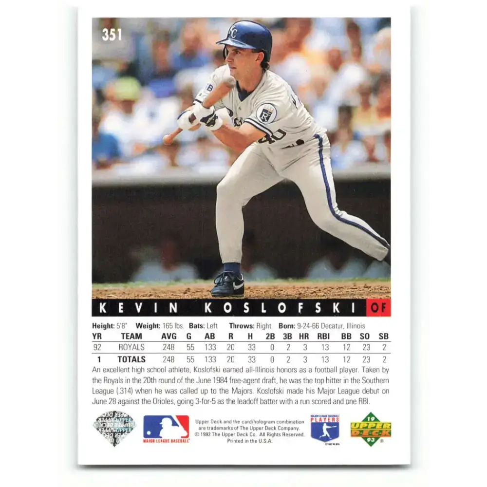 1993 Upper Deck #351 Kevin Koslofski VG Kansas City Royals Baseball Card - Baseball Card Single
