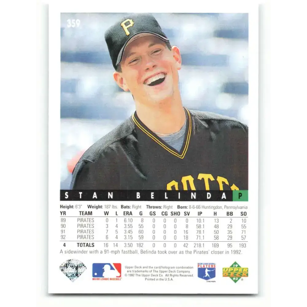 1993 Upper Deck #359 Stan Belinda VG Pittsburgh Pirates Baseball Card - Baseball Card Single