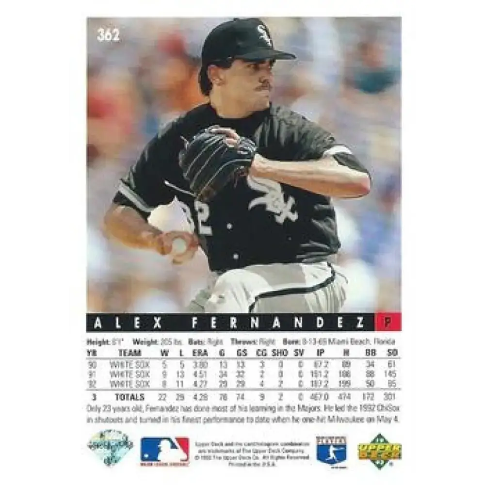 1993 Upper Deck #362 Alex Fernandez VG Chicago White Sox Baseball Card - Baseball Card Single