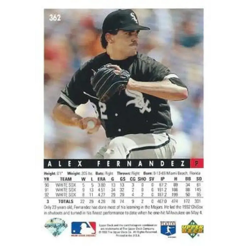 1993 Upper Deck #362 Alex Fernandez VG Chicago White Sox Baseball Card - Baseball Card Single