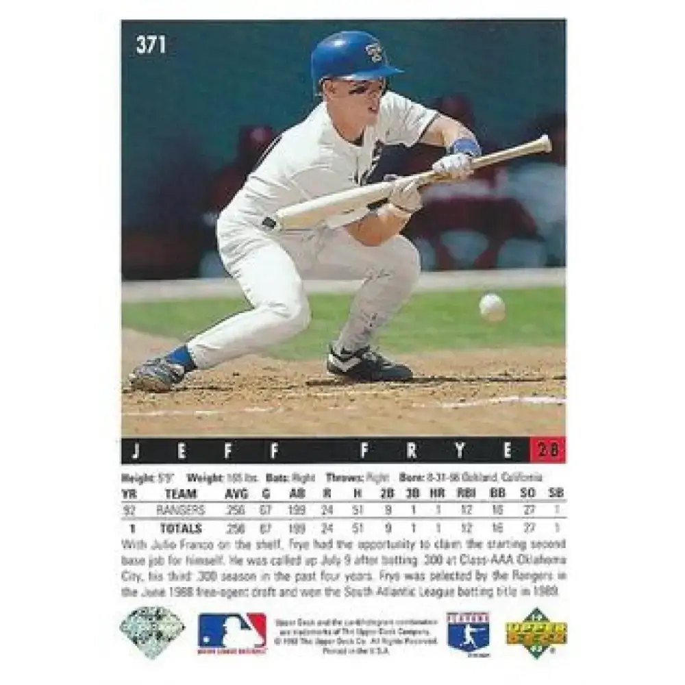 1993 Upper Deck #371 Jeff Frye VG Texas Rangers Baseball Card - Baseball Card Single