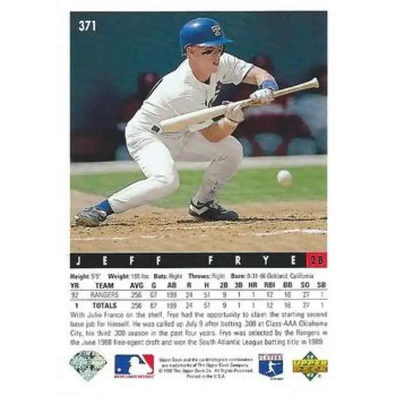 1993 Upper Deck #371 Jeff Frye VG Texas Rangers Baseball Card - Baseball Card Single