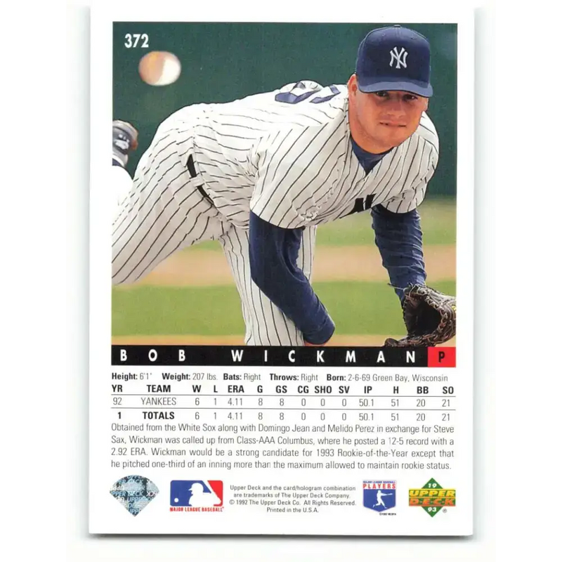 1993 Upper Deck #372 Bob Wickman VG New York Yankees Baseball Card - Baseball Card Single