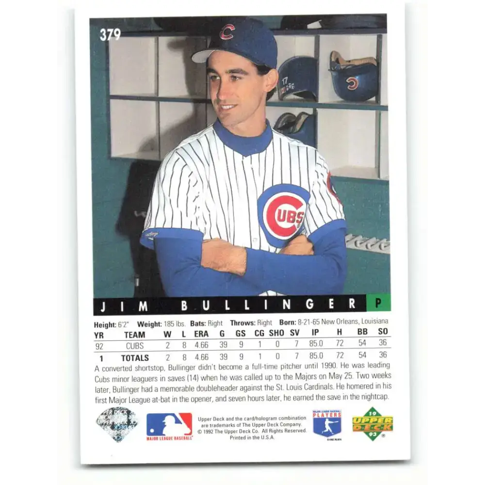 1993 Upper Deck #379 Jim Bullinger VG Chicago Cubs Baseball Card - Baseball Card Single