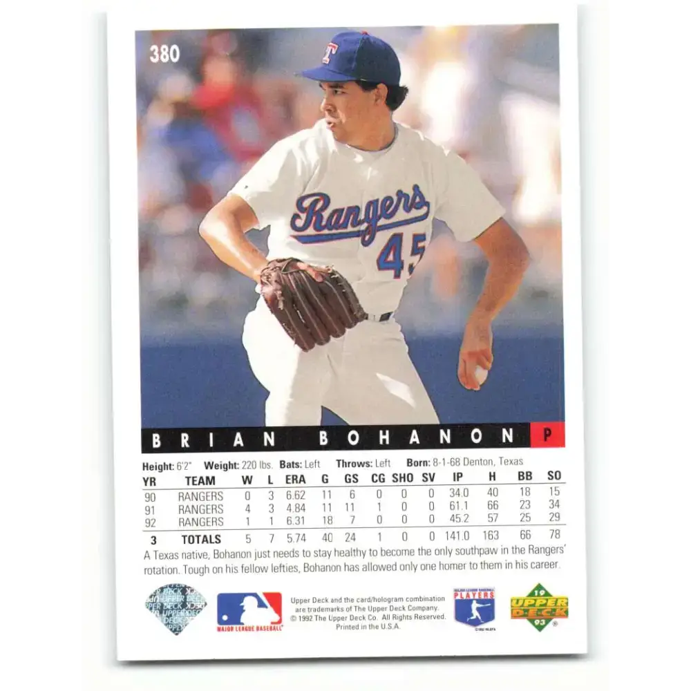 1993 Upper Deck #380 Brian Bohanon VG Texas Rangers Baseball Card - Baseball Card Single