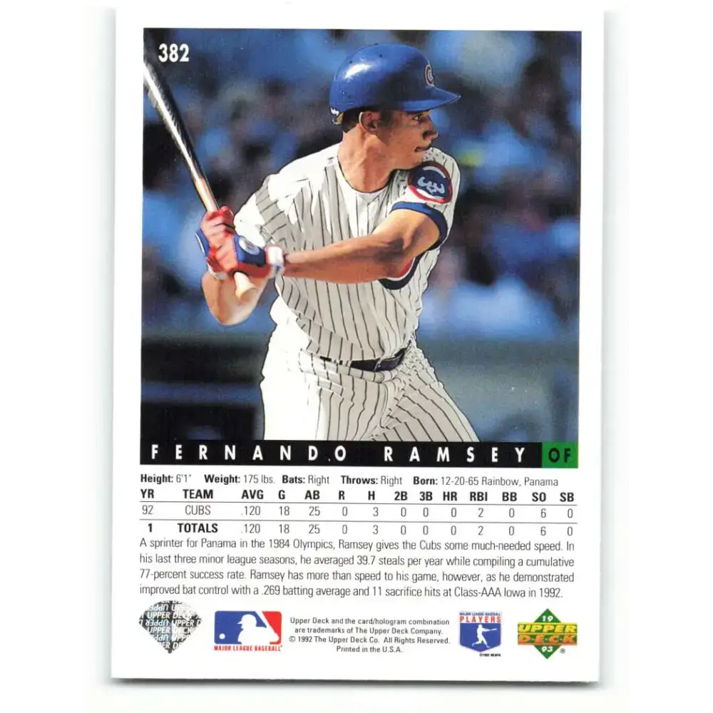 1993 Upper Deck #382 Fernando Ramsey VG RC Rookie Chicago Cubs Baseball Card - Baseball Card Single
