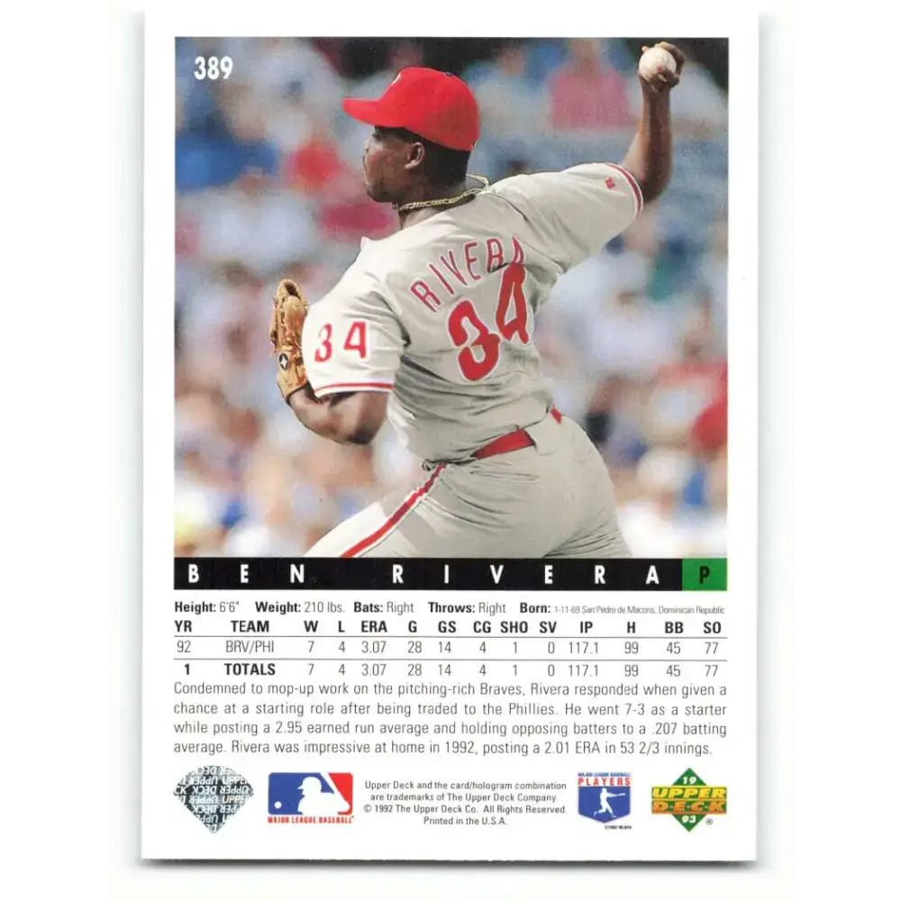 1993 Upper Deck #389 Ben Rivera VG Philadelphia Phillies Baseball Card - Baseball Card Single