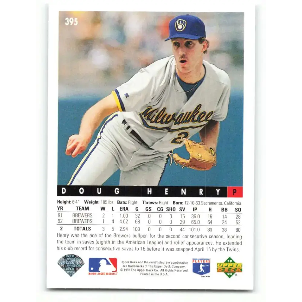 1993 Upper Deck #395 Doug Henry VG Milwaukee Brewers Baseball Card - Baseball Card Single