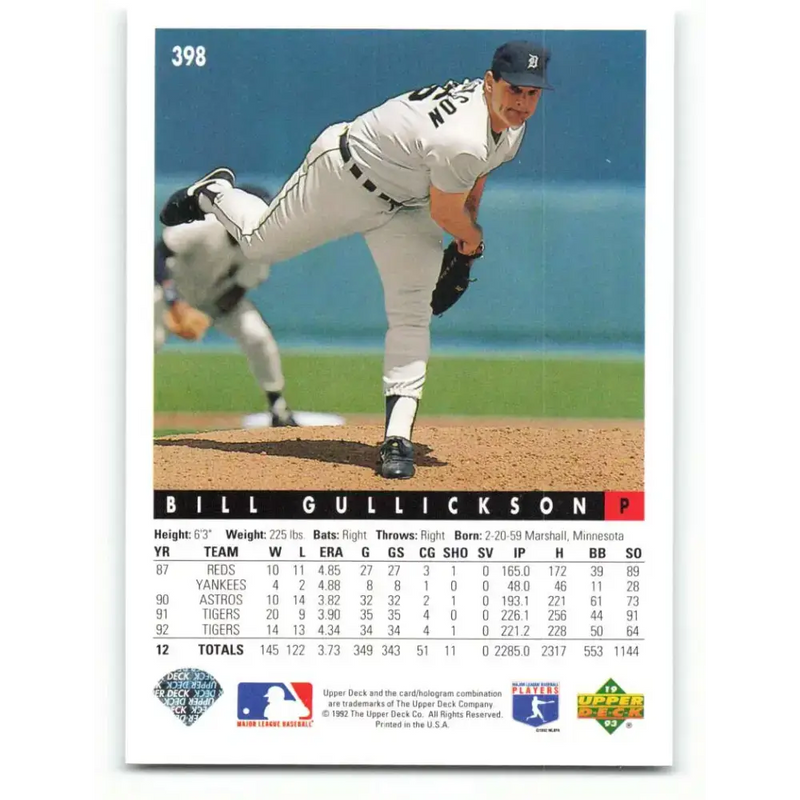 1993 Upper Deck #398 Bill Gullickson VG Detroit Tigers Baseball Card - Baseball Card Single