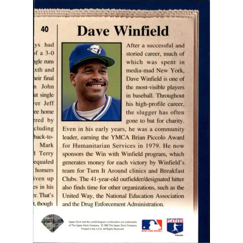 1993 Upper Deck #40 Dave Winfield VG Toronto Blue Jays Baseball Card - Baseball Card Single