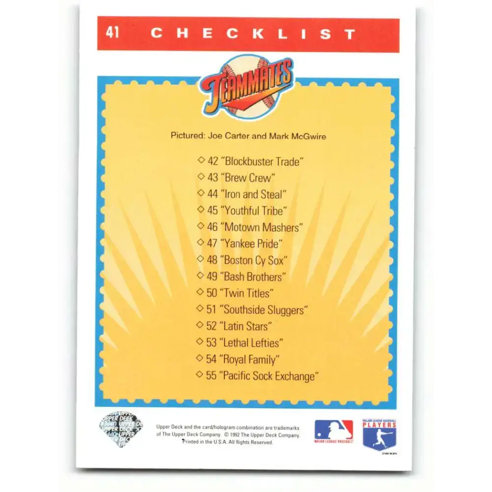 1993 Upper Deck #41 Joe Carter/Mark McGwire CL VG Toronto Blue Jays/Oakland Athletics Baseball Card - Baseball Card