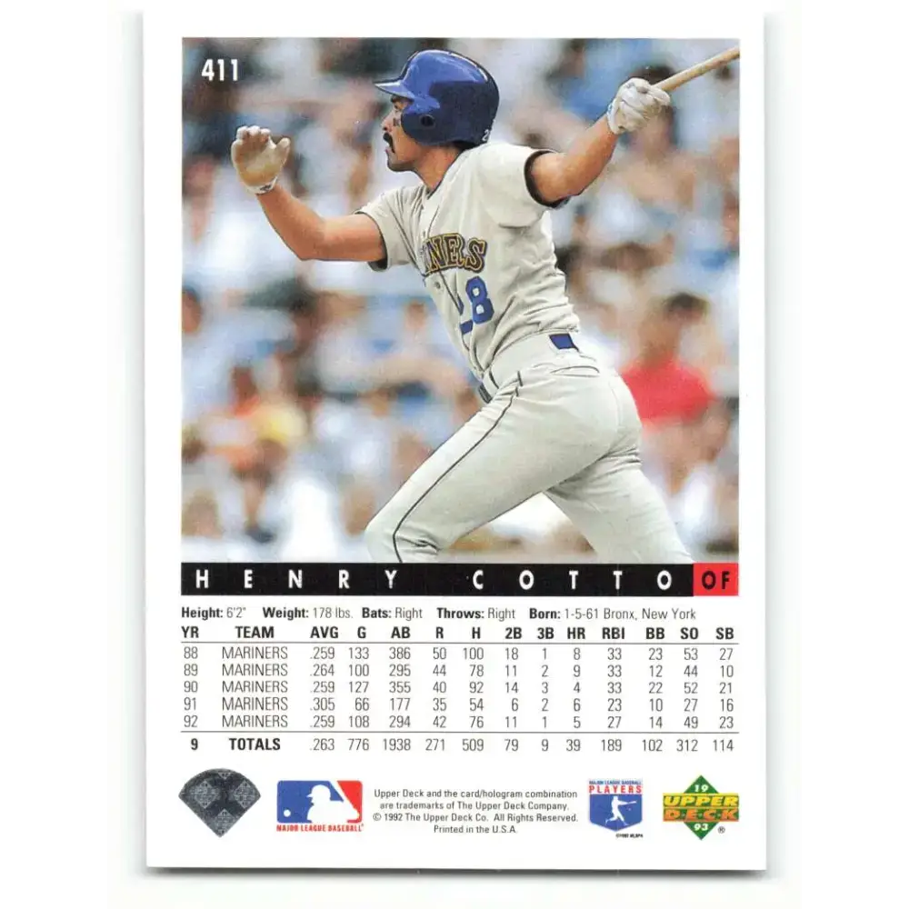 1993 Upper Deck #411 Henry Cotto VG Seattle Mariners Baseball Card - Baseball Card Single