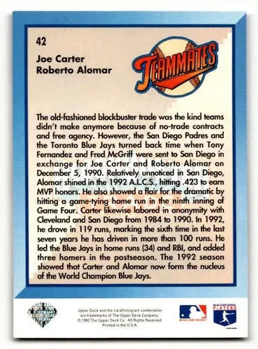 Baseball card back featuring original gloss and Joe Carter TMTS from 1993 Upper Deck