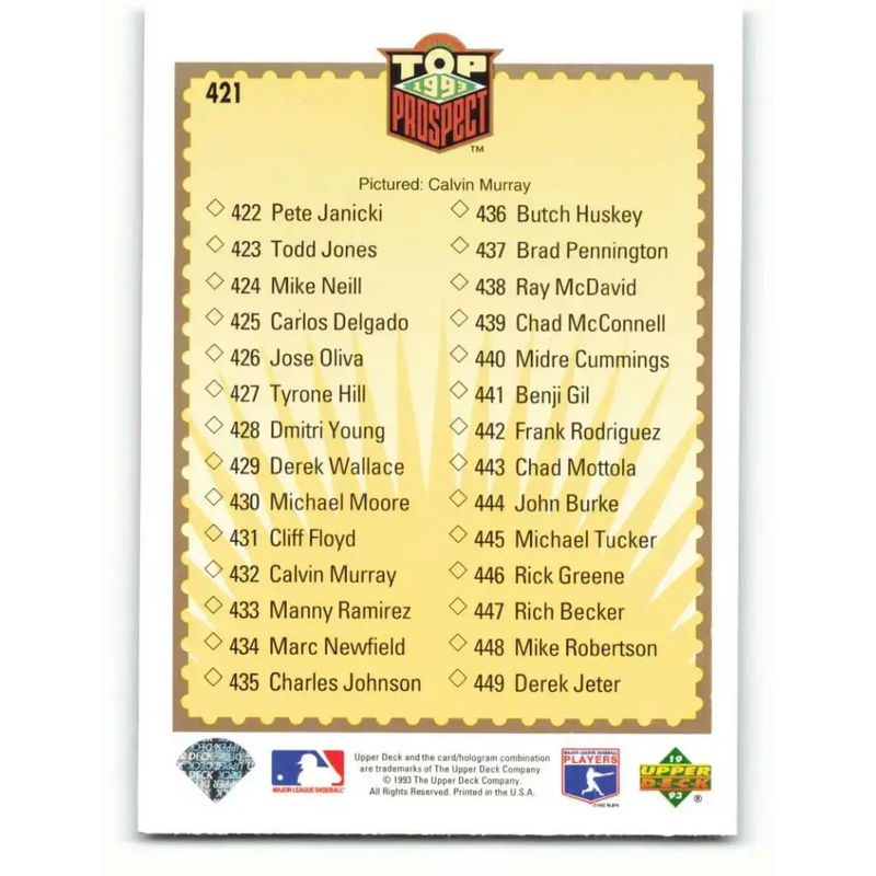 1993 Upper Deck #421 Calvin Murray CL VG San Francisco Giants Baseball Card - Baseball Card Single