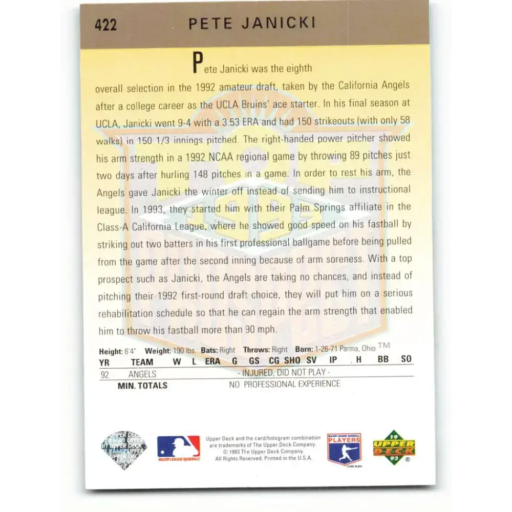 1993 Upper Deck #422 Pete Janicki VG RC Rookie California Angels Baseball Card - Baseball Card Single