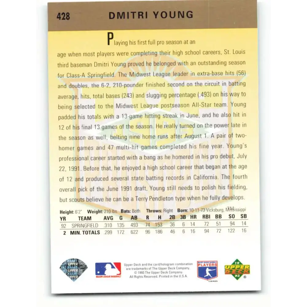 1993 Upper Deck #428 Dmitri Young VG St. Louis Cardinals Baseball Card - Baseball Card Single