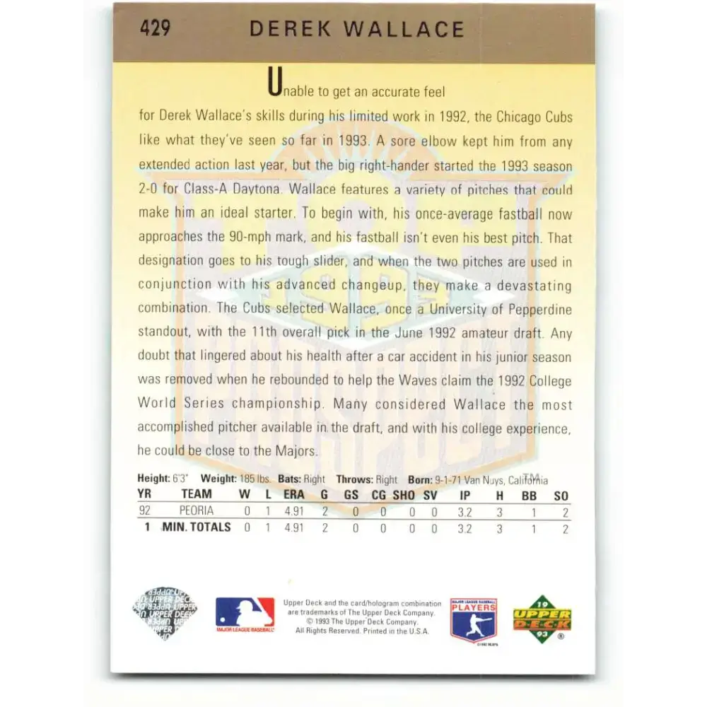 1993 Upper Deck #429 Derek Wallace VG RC Rookie Chicago Cubs Baseball Card - Baseball Card Single