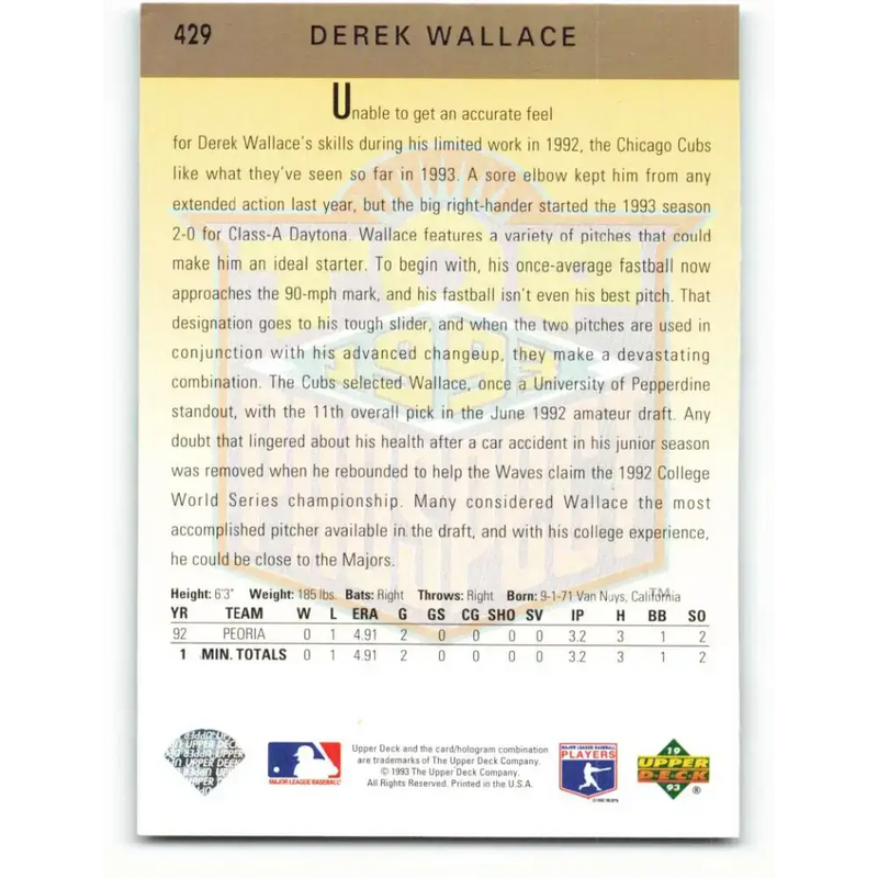 1993 Upper Deck #429 Derek Wallace VG RC Rookie Chicago Cubs Baseball Card - Baseball Card Single