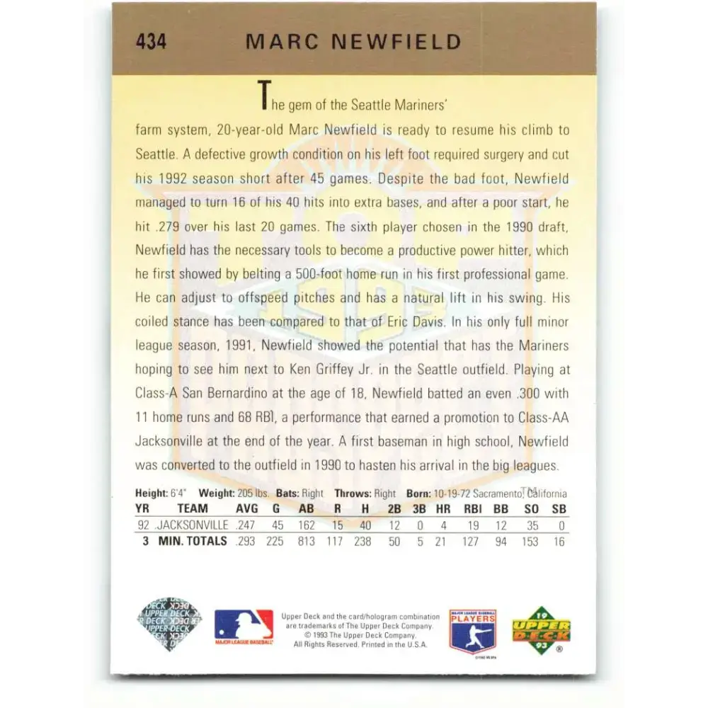 1993 Upper Deck #434 Marc Newfield VG Seattle Mariners Baseball Card - Baseball Card Single