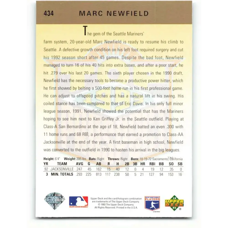 1993 Upper Deck #434 Marc Newfield VG Seattle Mariners Baseball Card - Baseball Card Single