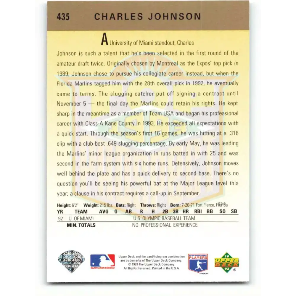 1993 Upper Deck #435 Charles Johnson VG Florida Marlins Baseball Card - Baseball Card Single