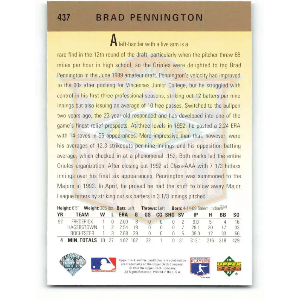 1993 Upper Deck #437 Brad Pennington TP VG Baltimore Orioles Baseball Card - Baseball Card Single