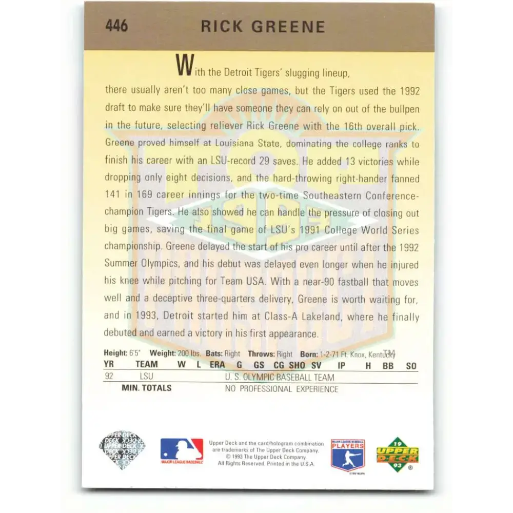 1993 Upper Deck #446 Rick Greene VG Detroit Tigers Baseball Card - Baseball Card Single