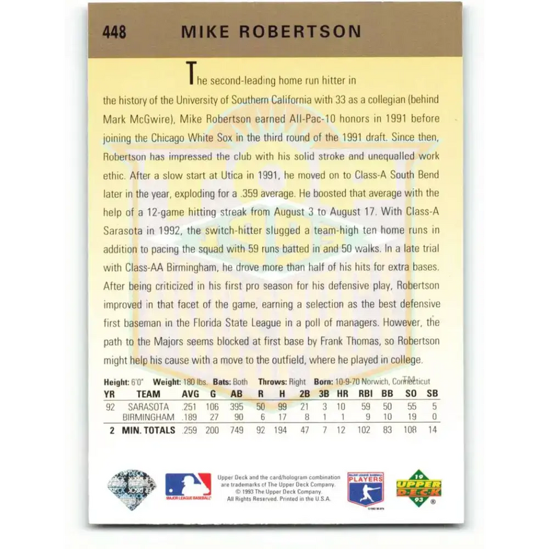 1993 Upper Deck #448 Mike Robertson TP VG Chicago White Sox Baseball Card - Baseball Card Single