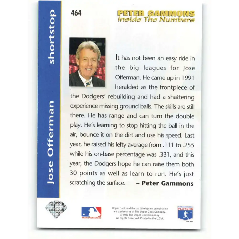 1993 Upper Deck #464 Jose Offerman VG Los Angeles Dodgers Baseball Card - Baseball Card Single