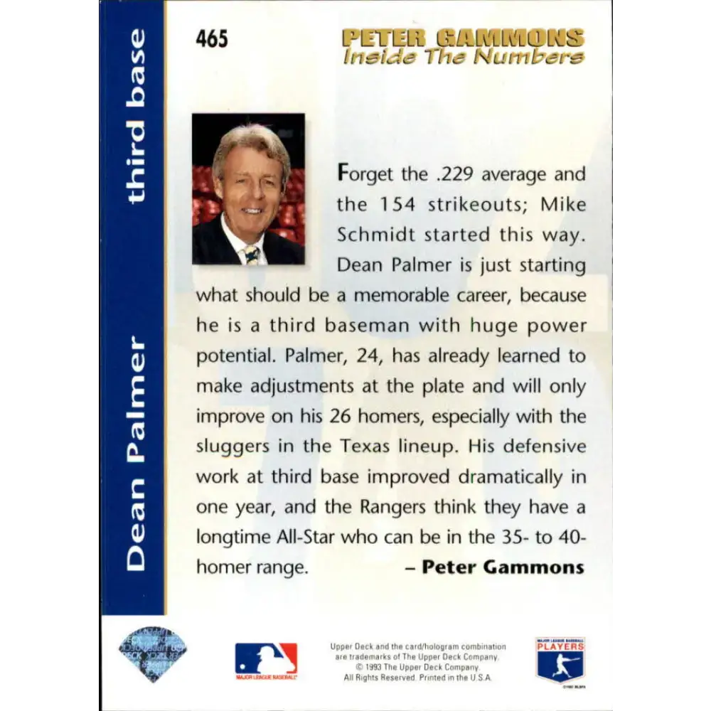 1993 Upper Deck #465 Dean Palmer VG Texas Rangers Baseball Card - Baseball Card Single