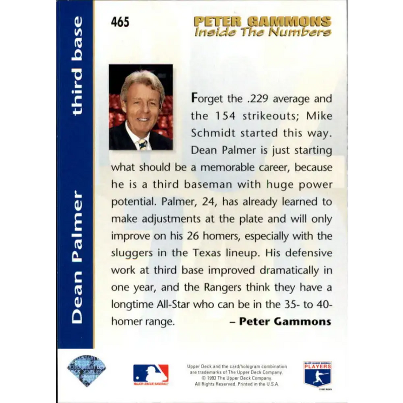 1993 Upper Deck #465 Dean Palmer VG Texas Rangers Baseball Card - Baseball Card Single