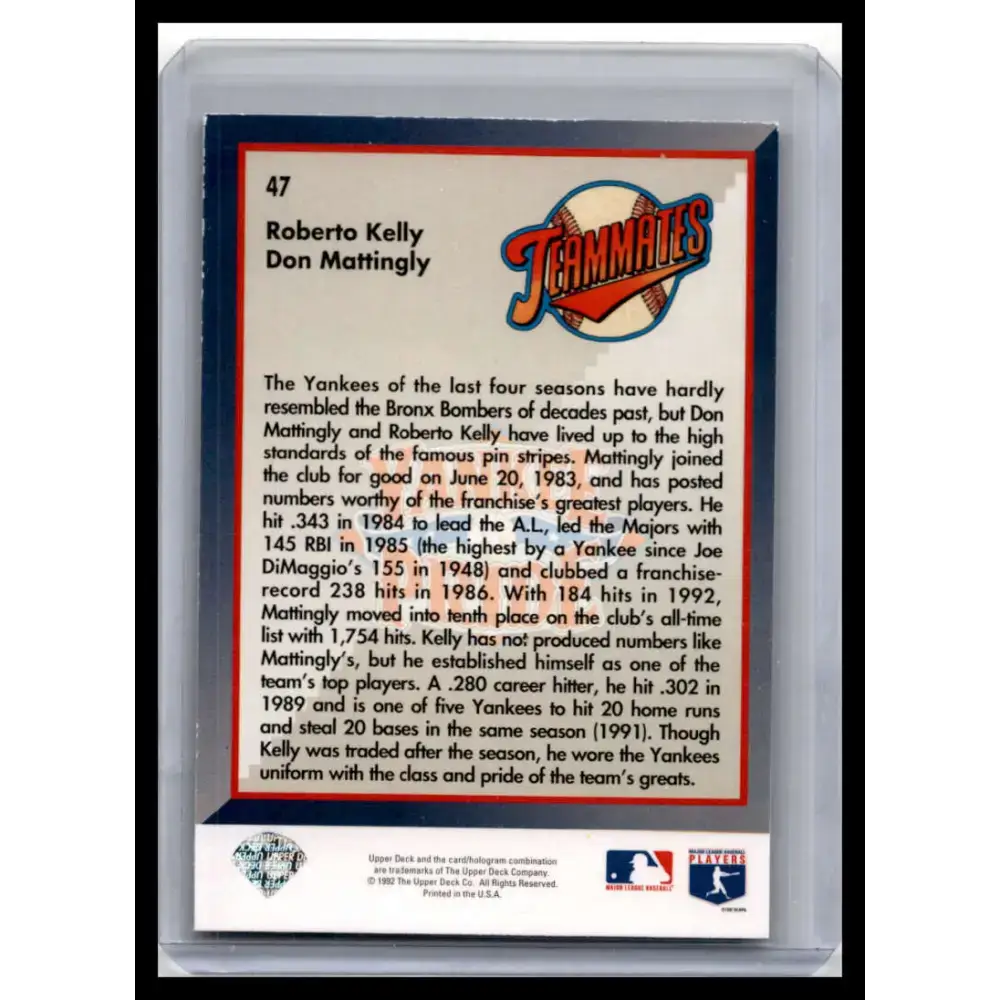 1993 Upper Deck #47 Roberto Kelly / Don Mattingly TMTS NM-MT New York Yankees Baseball Card - Baseball Card Single