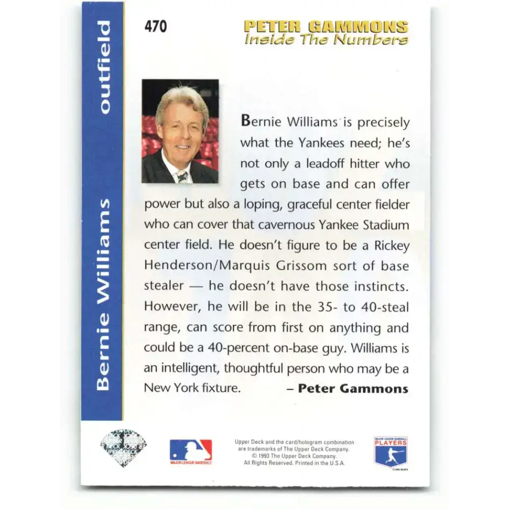 1993 Upper Deck #470 Bernie Williams VG New York Yankees Baseball Card - Baseball Card Single