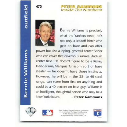 1993 Upper Deck #470 Bernie Williams VG New York Yankees Baseball Card